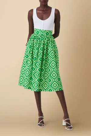 Njeri Geometric Print Skirt in Cotton Poplin in Green