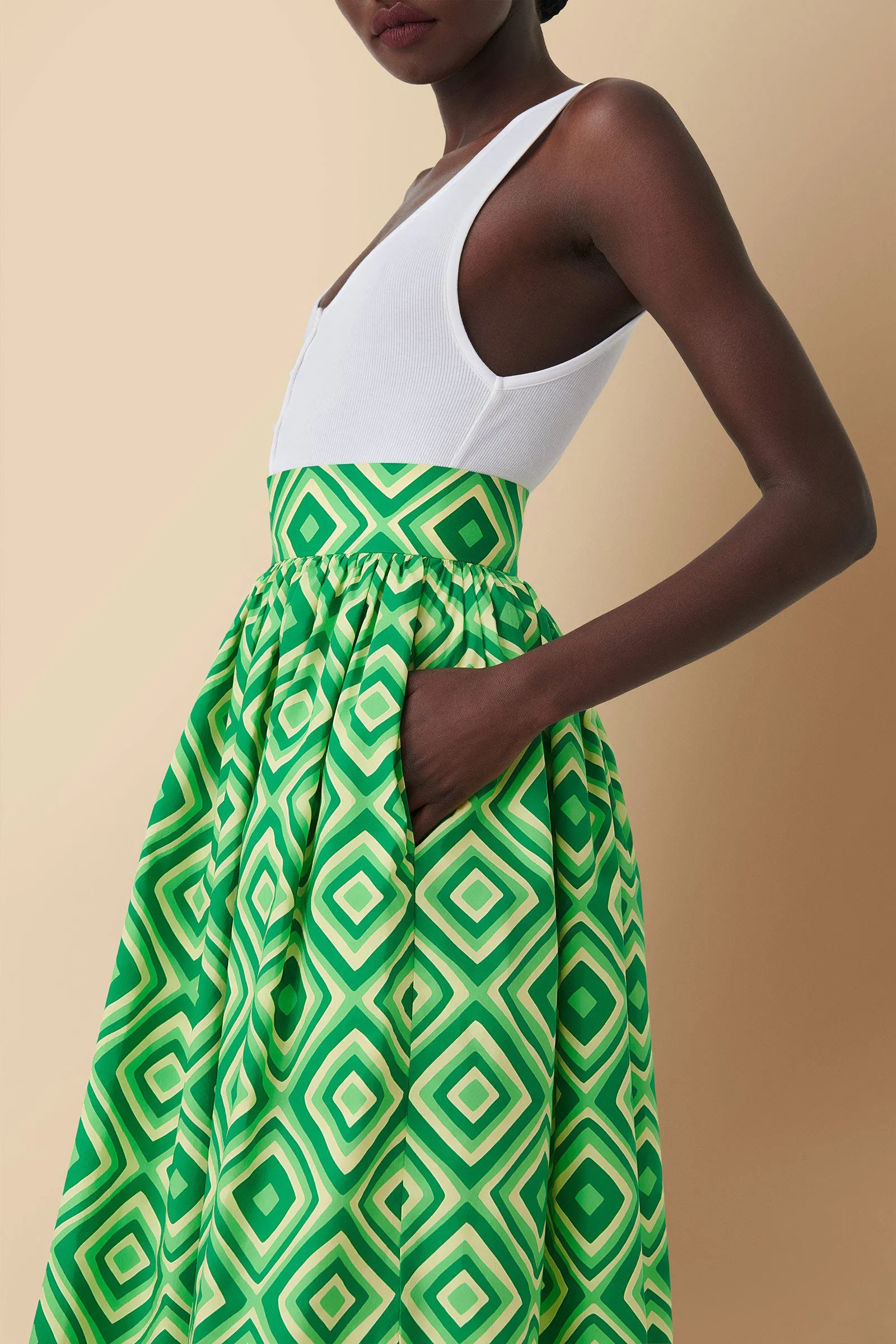 Njeri Geometric Print Skirt in Cotton Poplin in Green