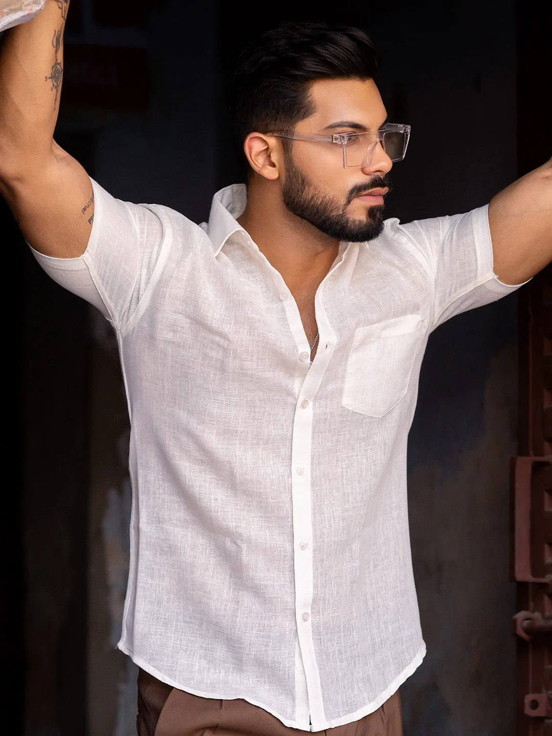 Off White Linen Half Sleeve Solid Shirt