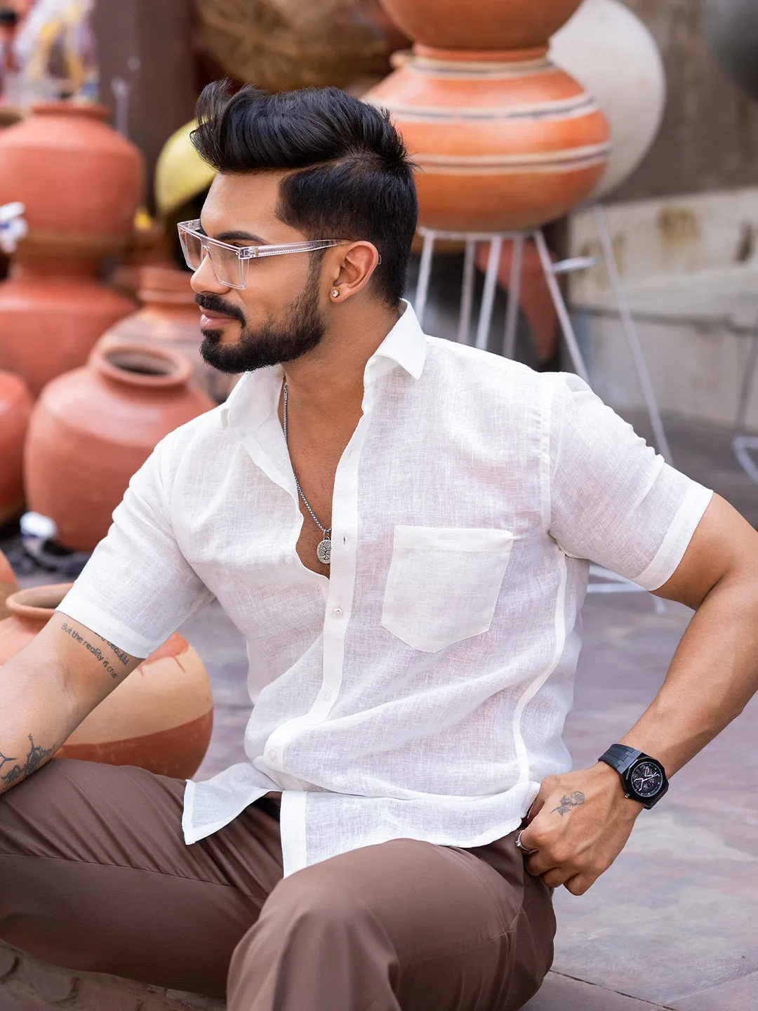Off White Linen Half Sleeve Solid Shirt