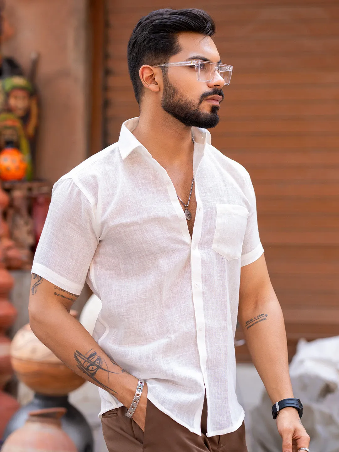 Off White Linen Half Sleeve Solid Shirt