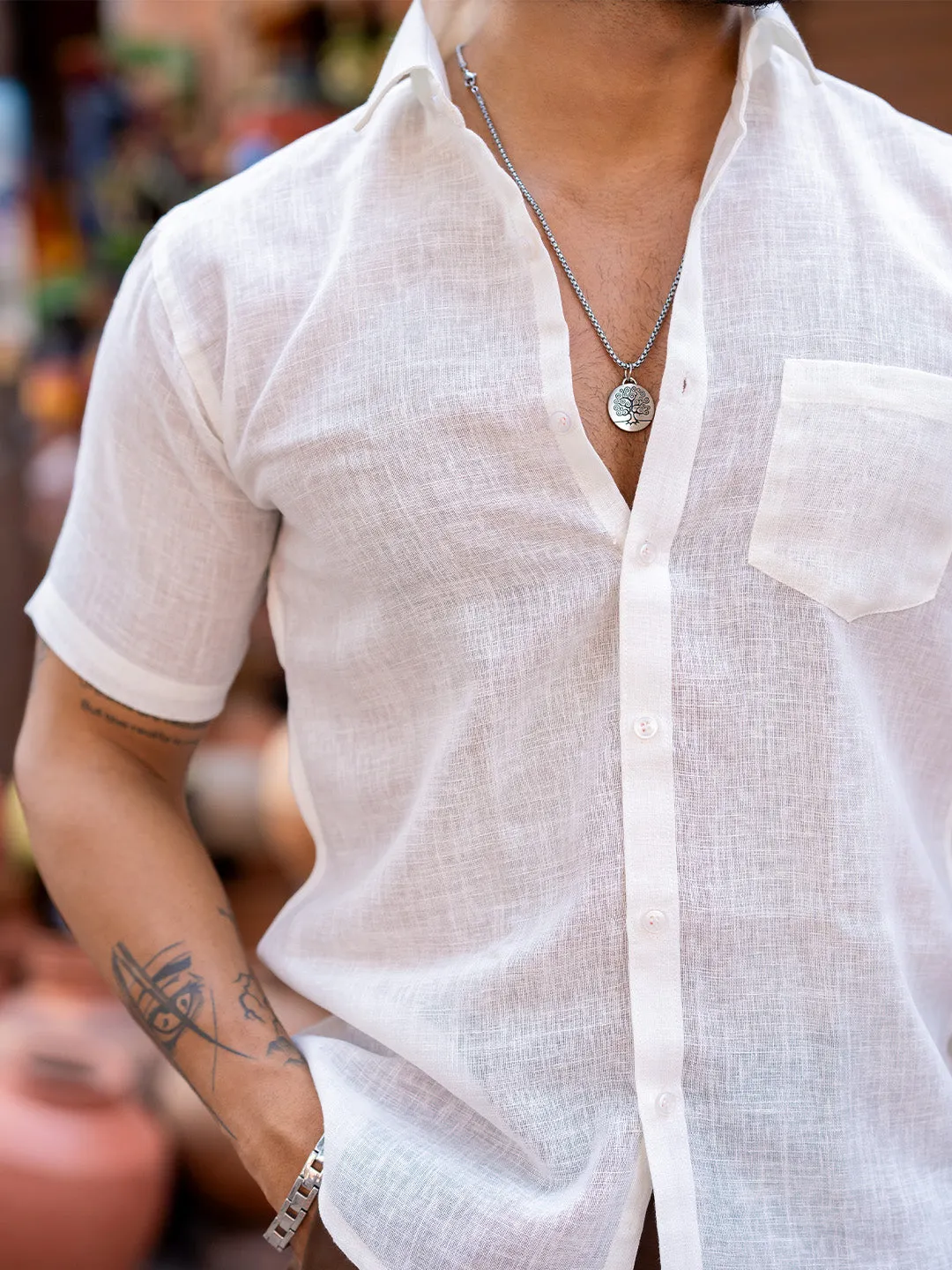 Off White Linen Half Sleeve Solid Shirt