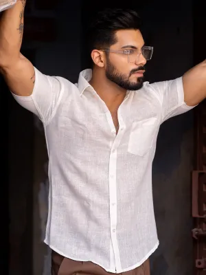 Off White Linen Half Sleeve Solid Shirt