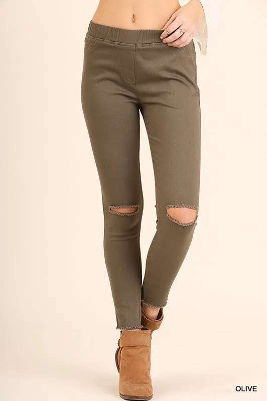 Olive Knee Cut Freyed Crop Jeggings