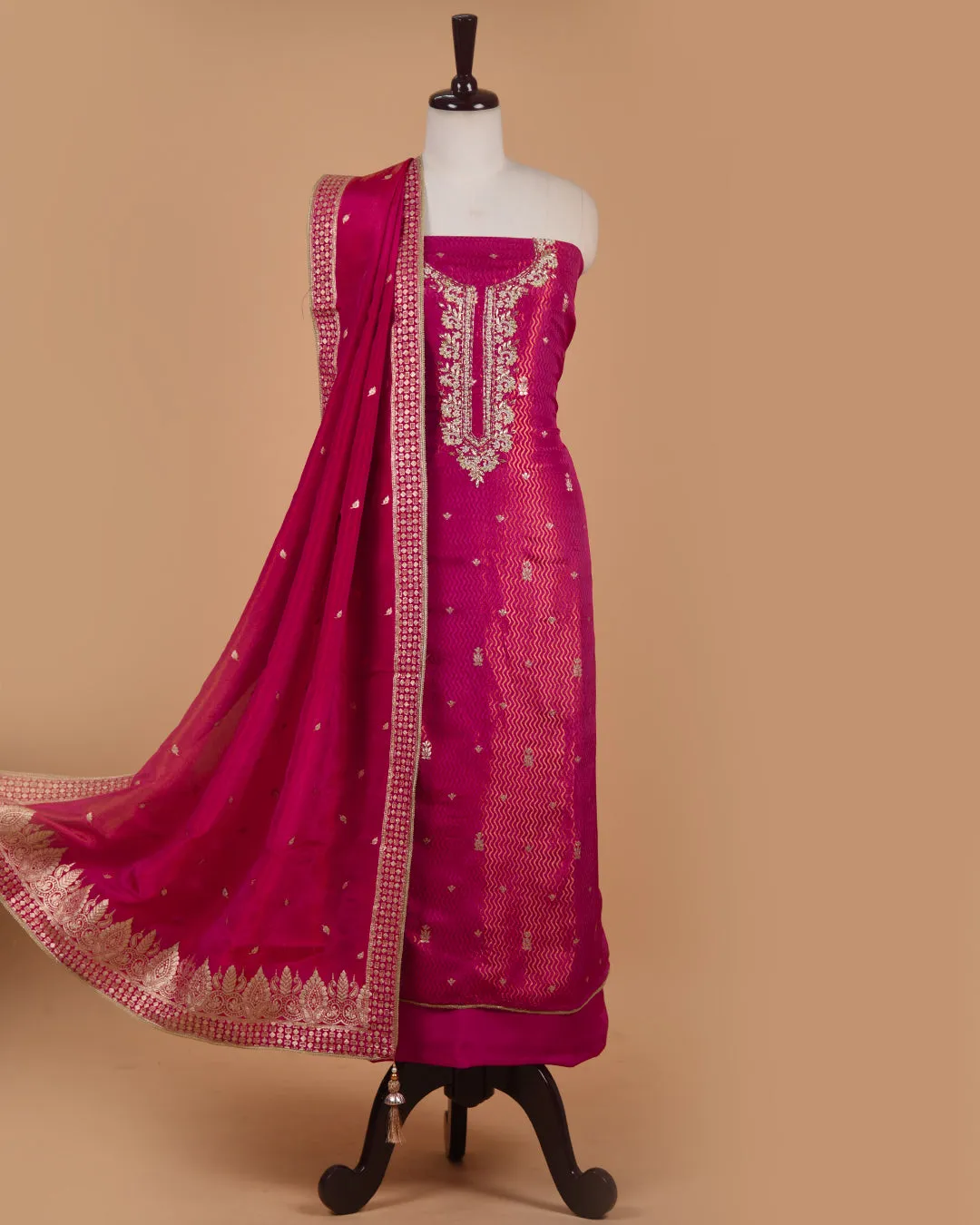 Pink Silk Viscose Blend Woven With Embroidery Unstitched Suit Fabric Set With Silk Viscose Woven Dupatta