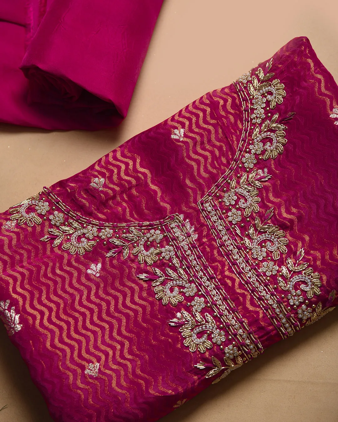Pink Silk Viscose Blend Woven With Embroidery Unstitched Suit Fabric Set With Silk Viscose Woven Dupatta