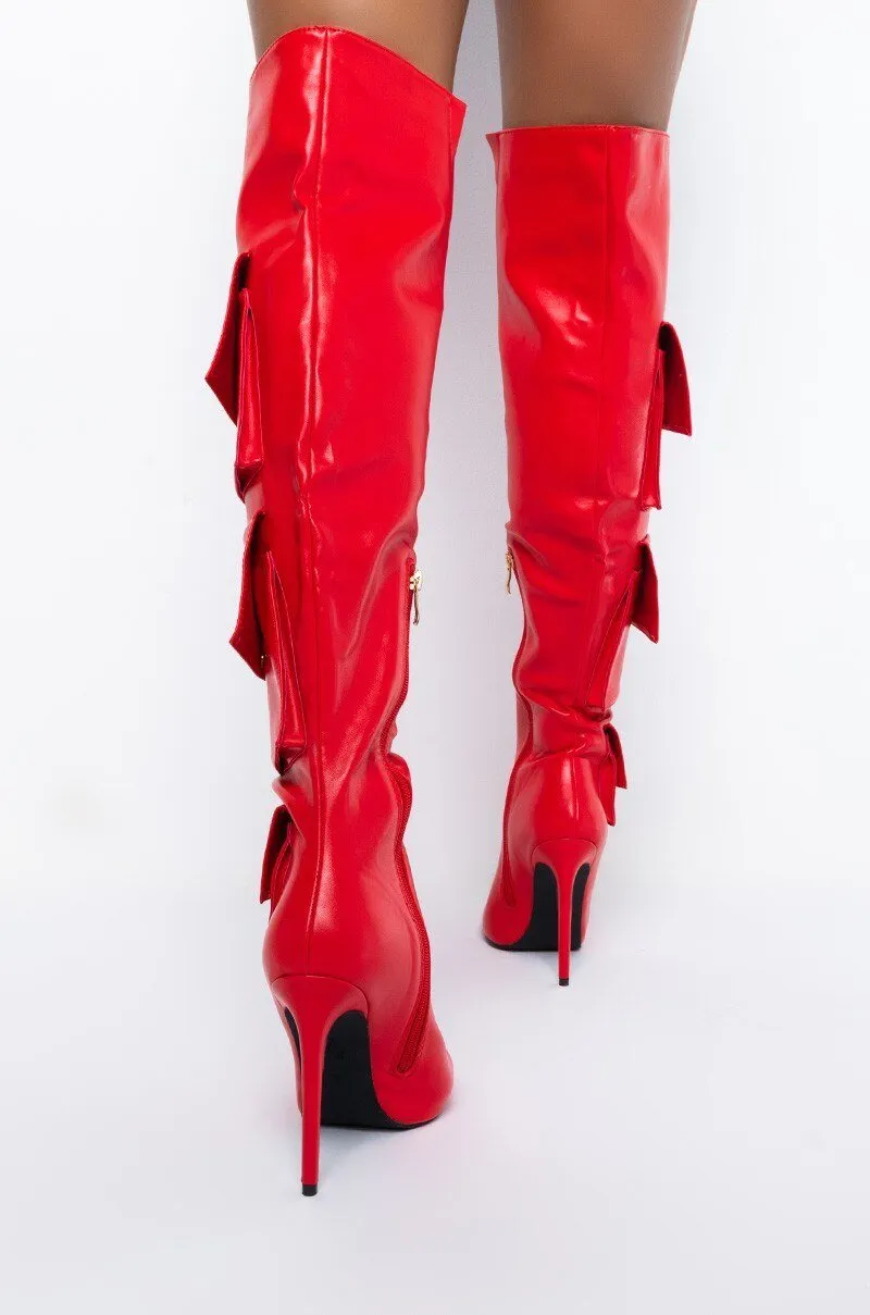 Red Packet Thigh High Boots Women  Pointed Toe Long Boots