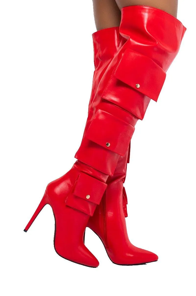 Red Packet Thigh High Boots Women  Pointed Toe Long Boots