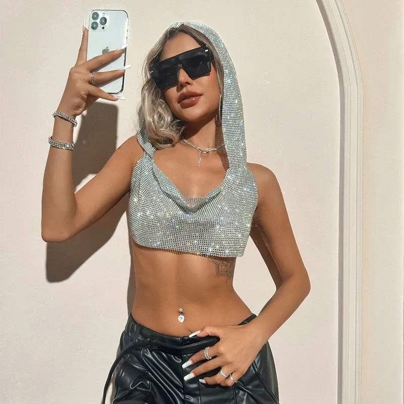 Rhinestone Hooded Crop Top