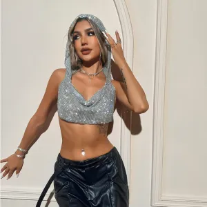 Rhinestone Hooded Crop Top