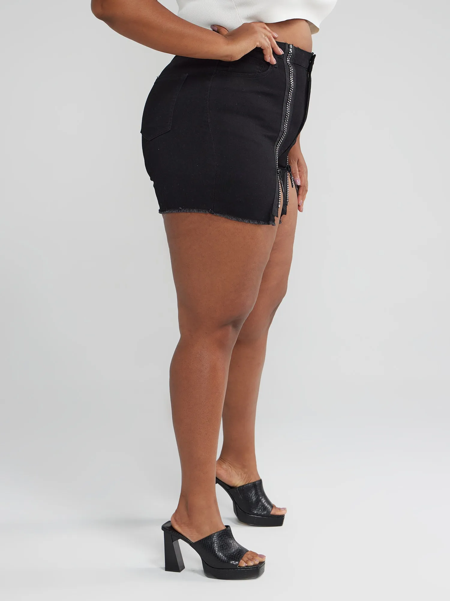 Rhinestone Zip Denim Shorts