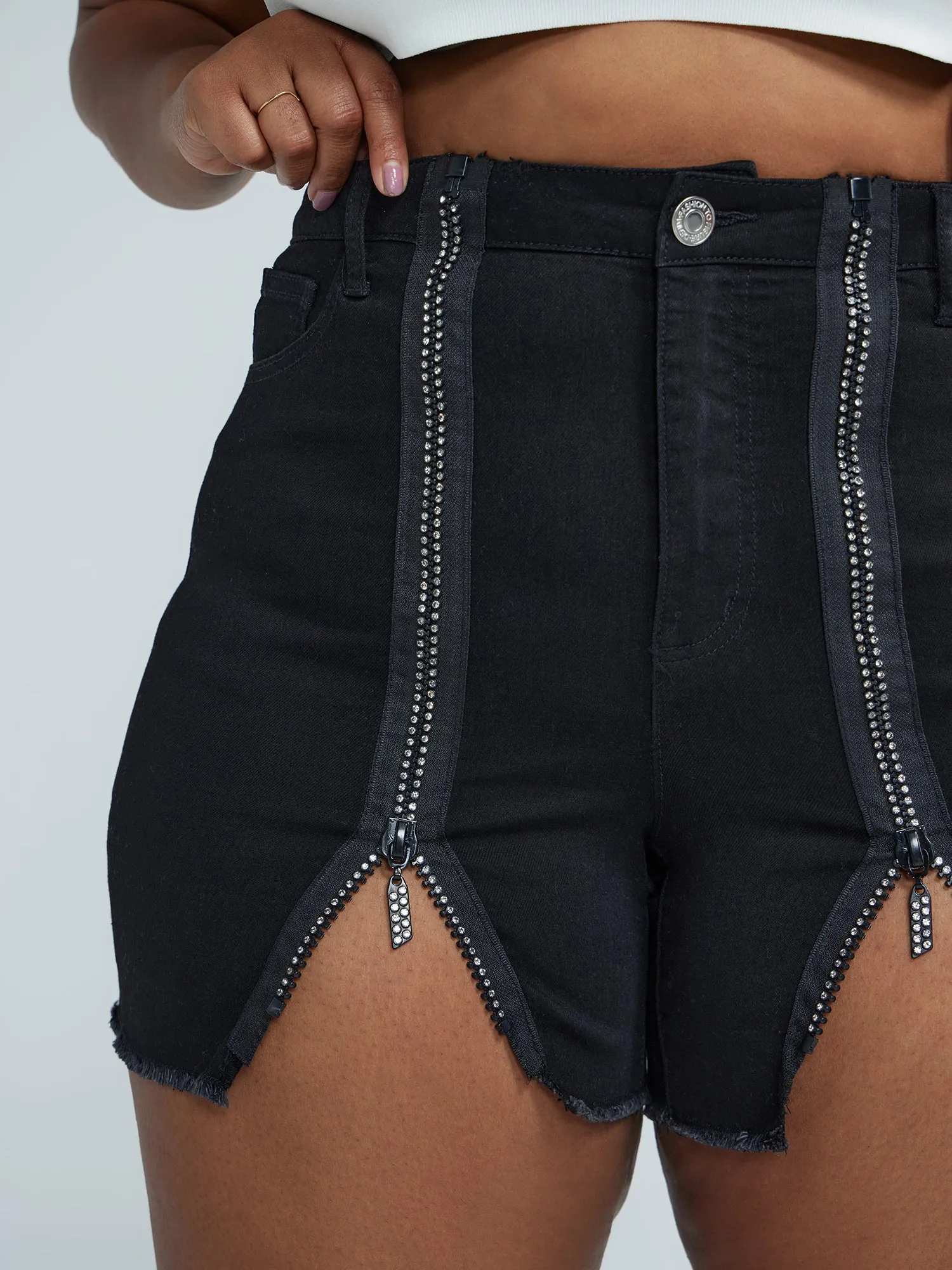 Rhinestone Zip Denim Shorts