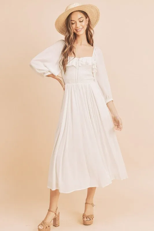 Ruffled Smocked Square Neck Balloon Sleeve Dress