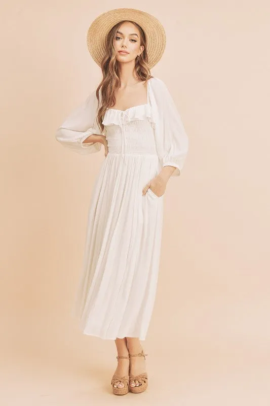Ruffled Smocked Square Neck Balloon Sleeve Dress