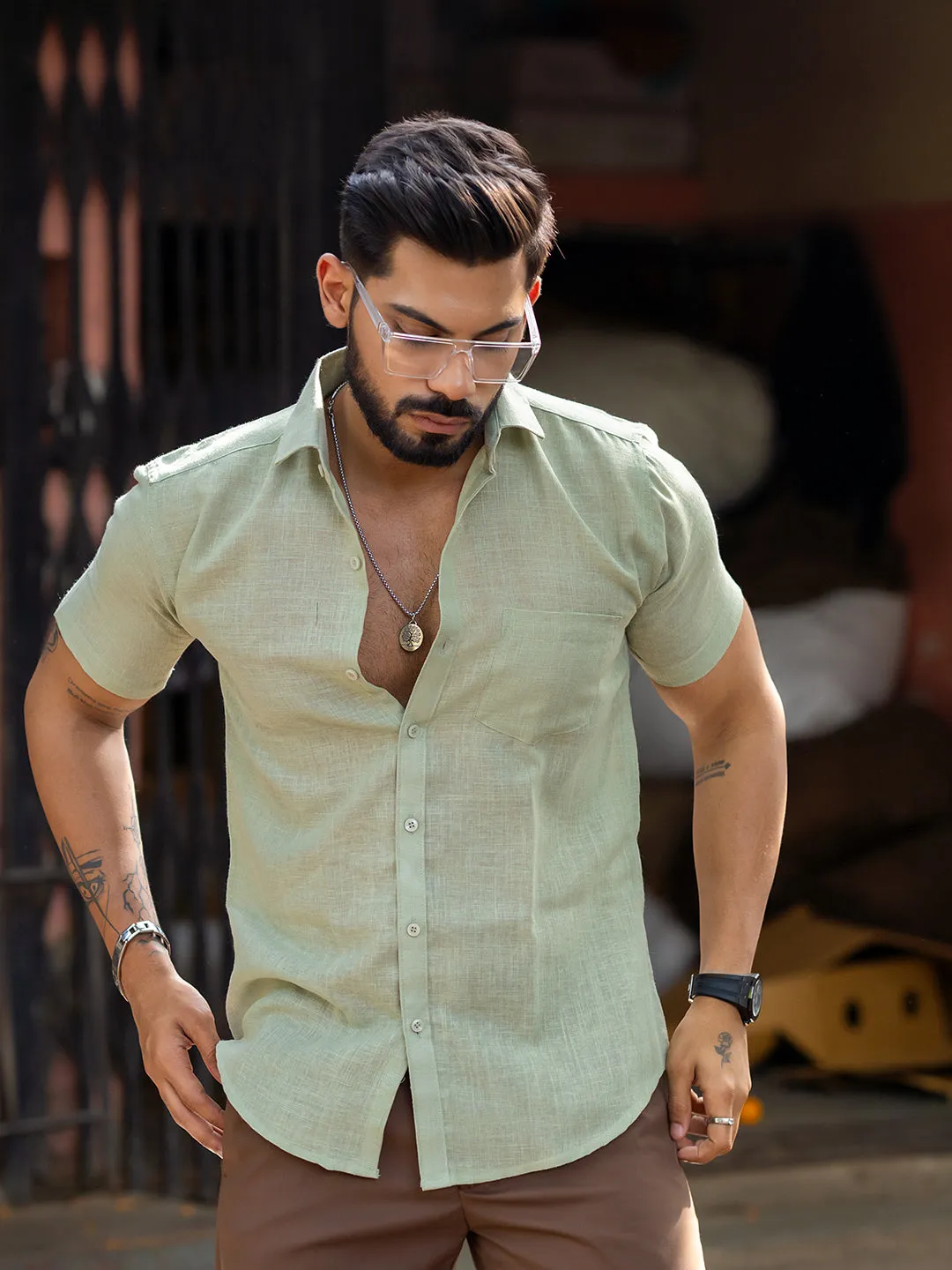 Sage Green Linen Half Sleeve Solid Shirt