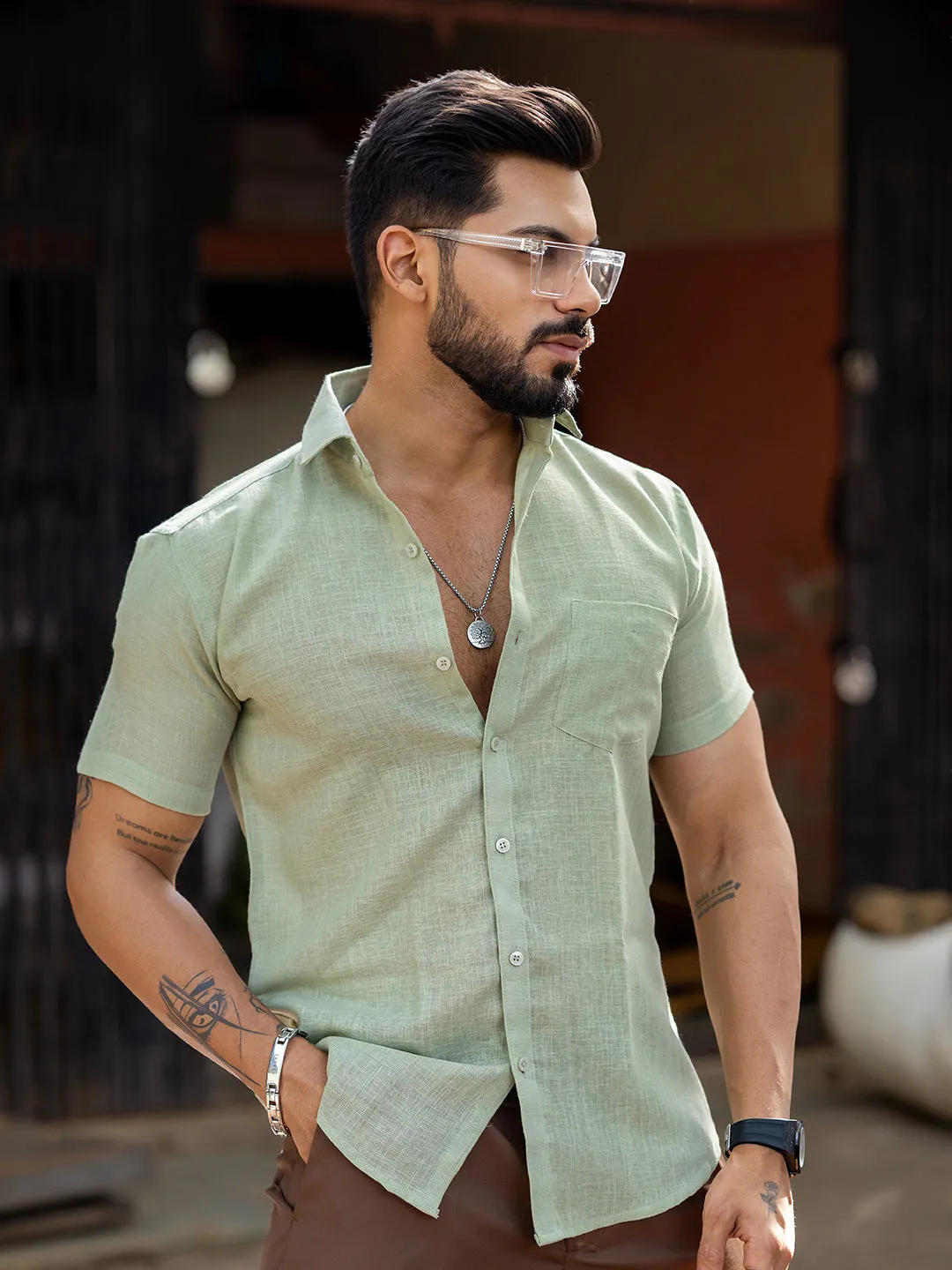 Sage Green Linen Half Sleeve Solid Shirt