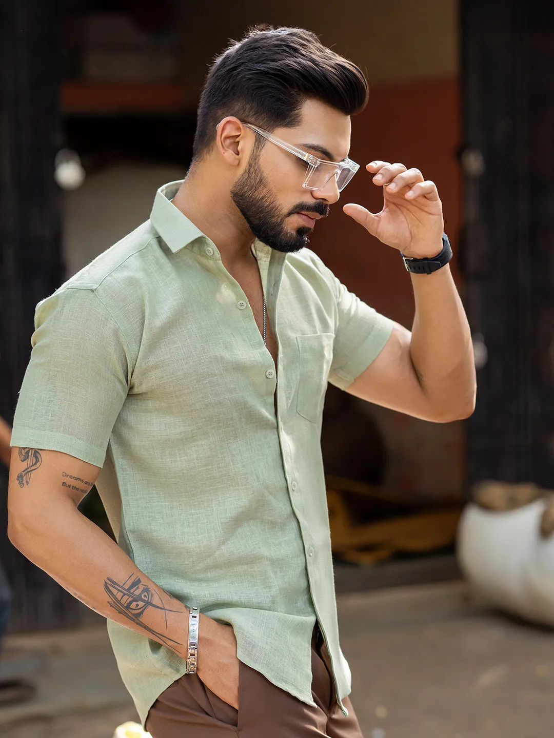 Sage Green Linen Half Sleeve Solid Shirt