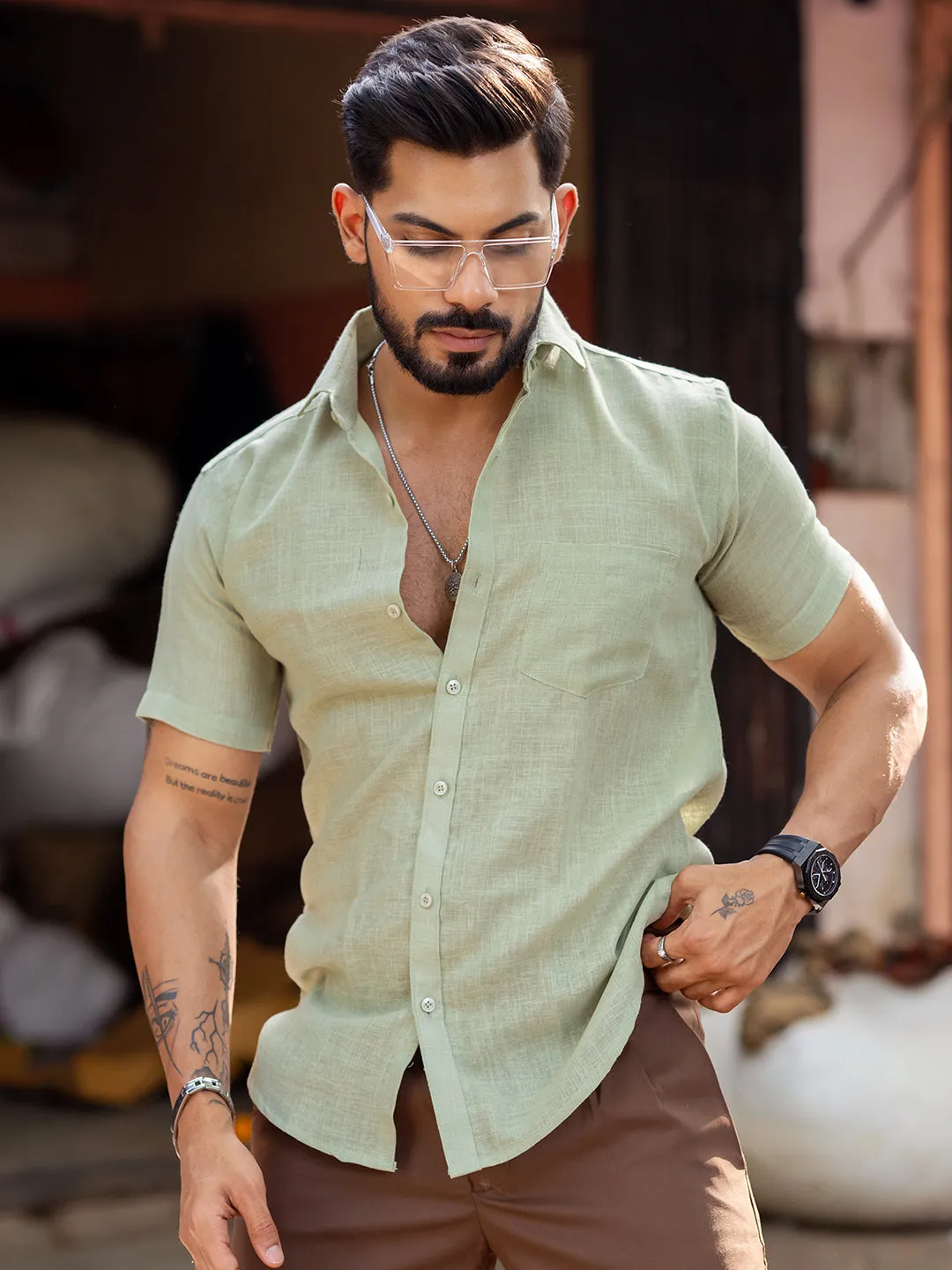 Sage Green Linen Half Sleeve Solid Shirt