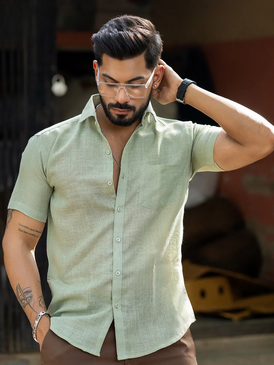Sage Green Linen Half Sleeve Solid Shirt
