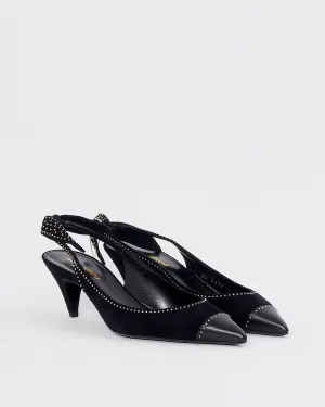 Saint Laurent Black Suede Charlotte Studded Slingback Pumps 55mm - 38.5