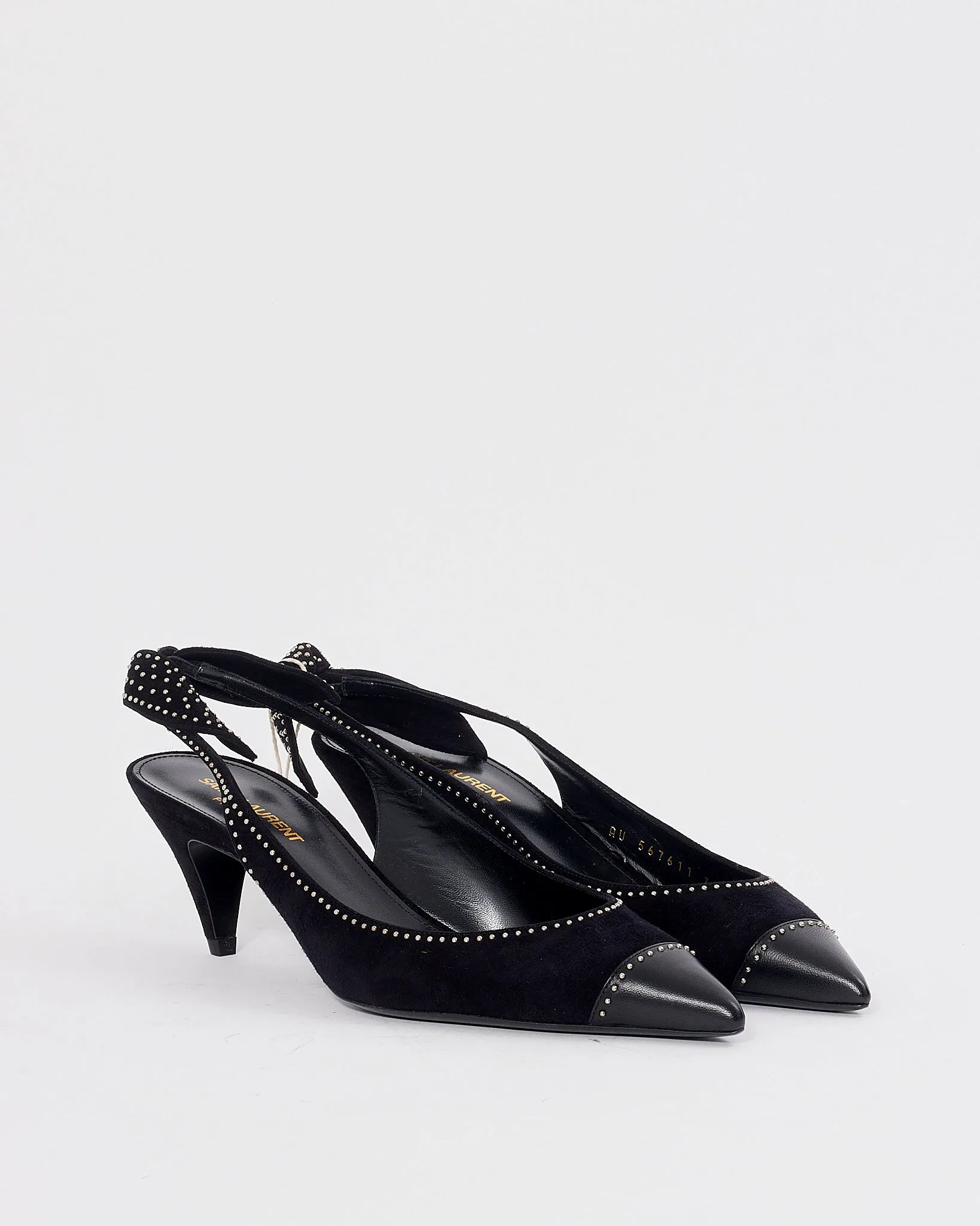 Saint Laurent Black Suede Charlotte Studded Slingback Pumps 55mm - 38.5