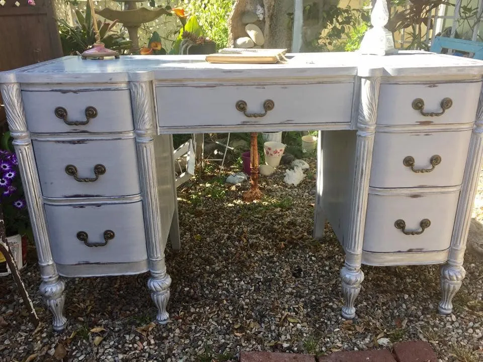SOLD! Antique Vanity or Desk, Cottage Chic, Grey, Mother of Pearl Tile Inlay, Dark Wax/Pearl Gel
