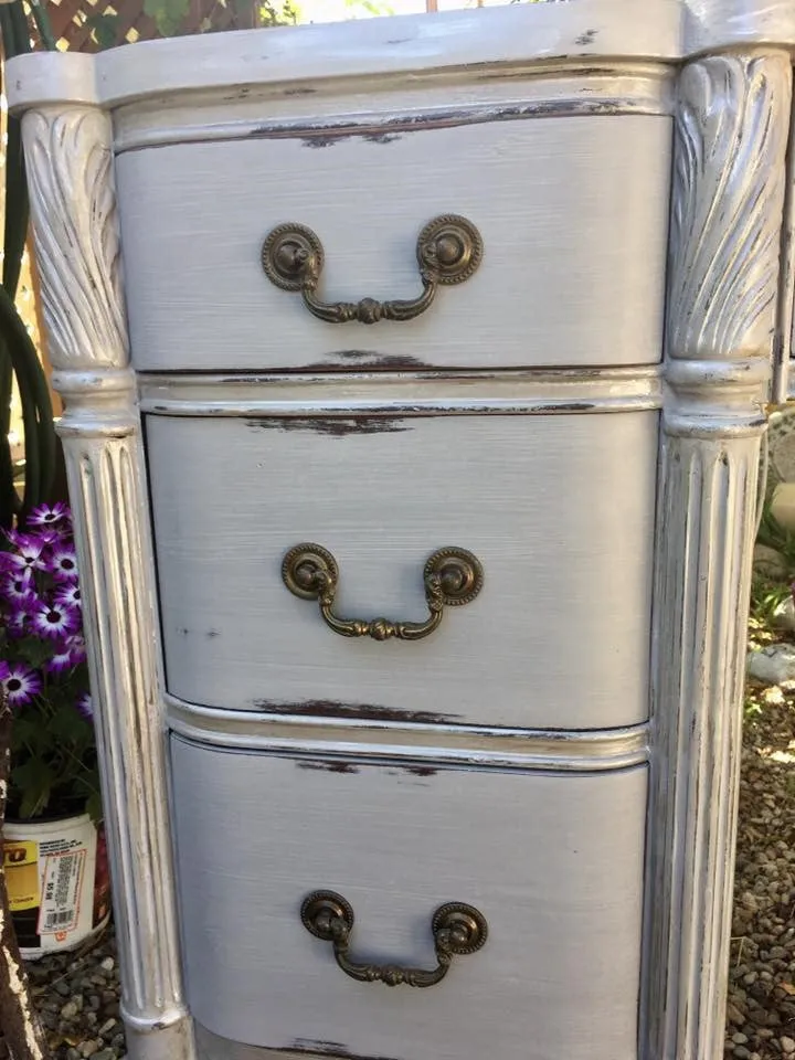 SOLD! Antique Vanity or Desk, Cottage Chic, Grey, Mother of Pearl Tile Inlay, Dark Wax/Pearl Gel