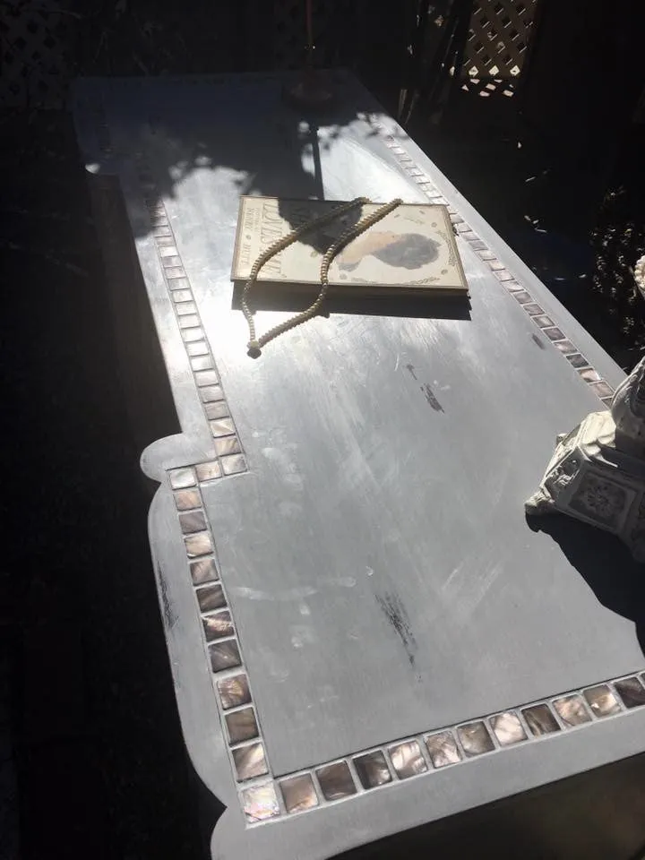 SOLD! Antique Vanity or Desk, Cottage Chic, Grey, Mother of Pearl Tile Inlay, Dark Wax/Pearl Gel