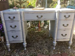 SOLD! Antique Vanity or Desk, Cottage Chic, Grey, Mother of Pearl Tile Inlay, Dark Wax/Pearl Gel
