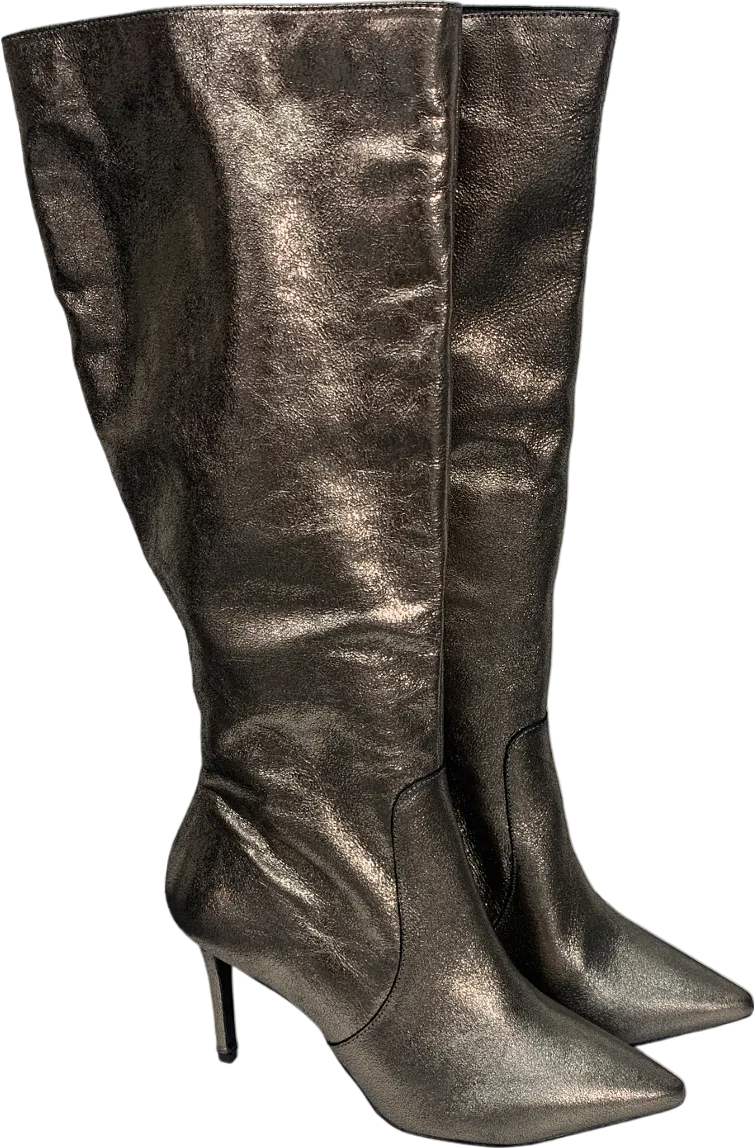 SOSANDAR Metallic Pewter Stiletto Leather High Heel Boots UK 8
