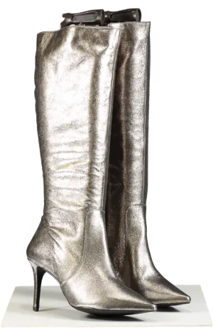 SOSANDAR Metallic Pewter Stiletto Leather High Heel Boots UK 8