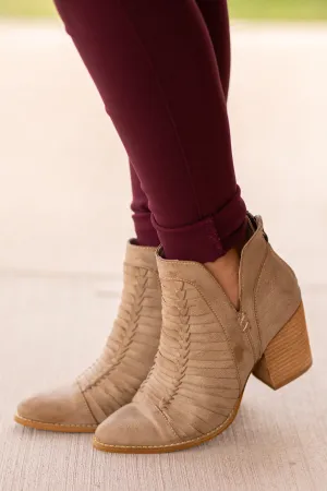 Taupe Woven Detail Back Zip Bootie