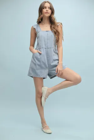 The Leila Ruffle Sleeve Denim Romper