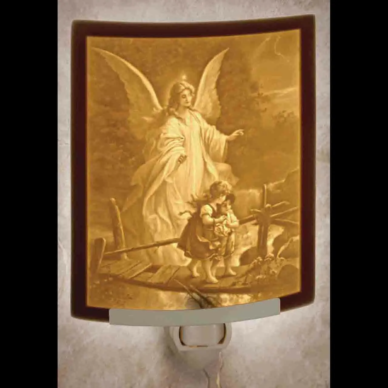 Traditional Guardian Angel over the Bridge Porcelain Night Light Curved 5 1/2"