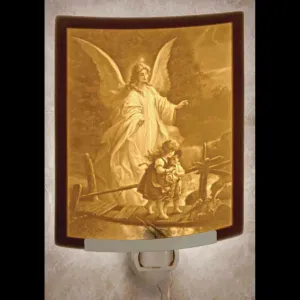 Traditional Guardian Angel over the Bridge Porcelain Night Light Curved 5 1/2"