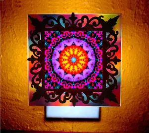 Unique Mandala Night-light, Freestanding or Plug-in Decorative Lighting, 3D Framed Art- "Violet Flame Mandala"