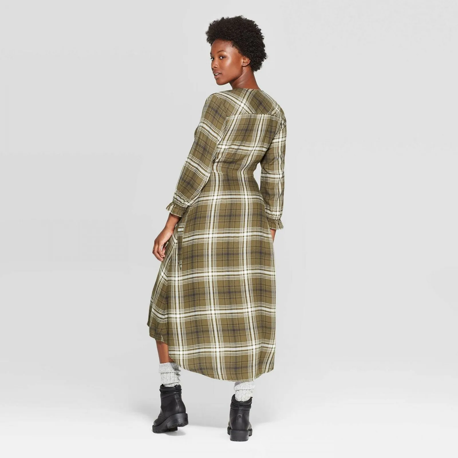 Universal Thread Women's Plaid 3/4 Sleeve V-Neck Wrap Midi Dress
