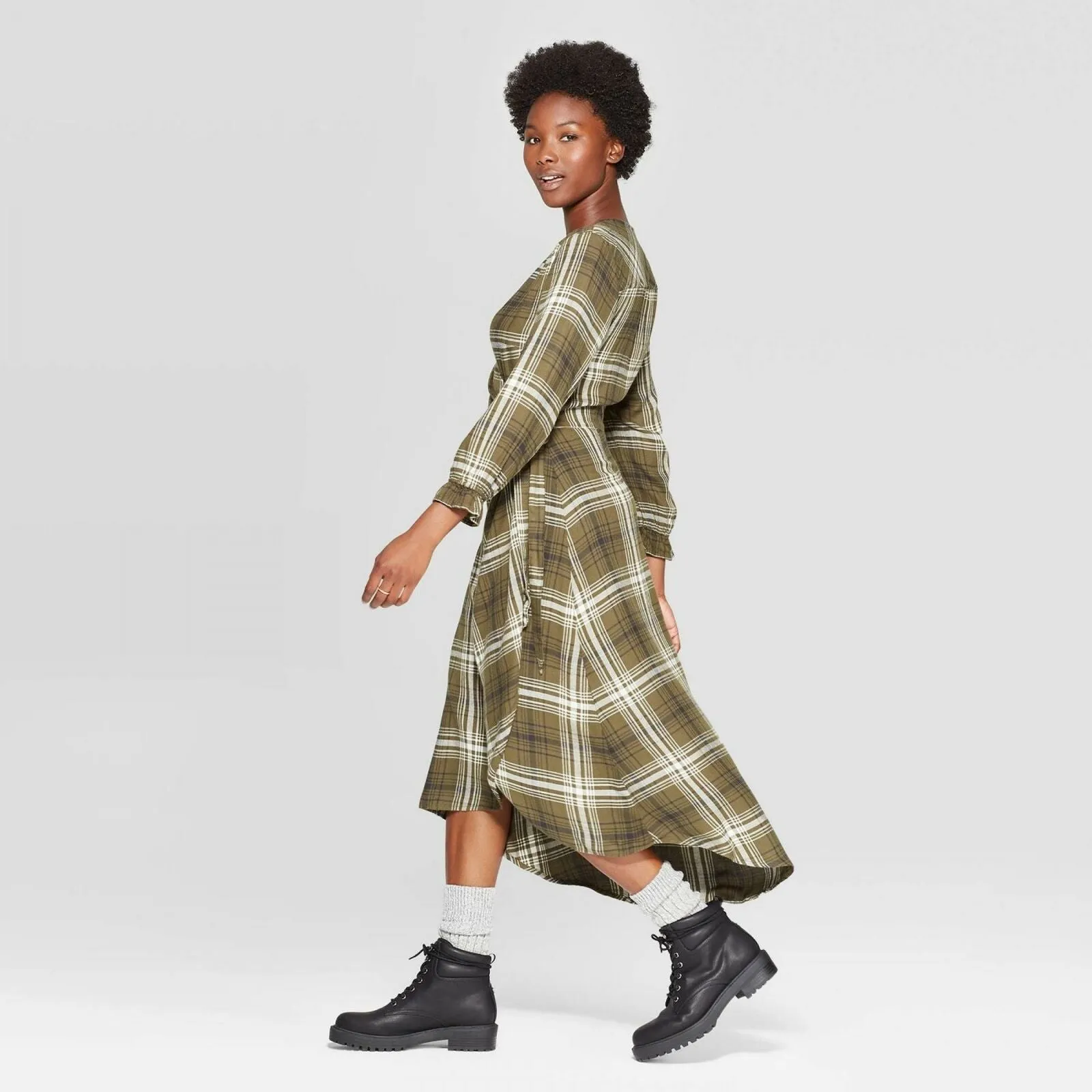Universal Thread Women's Plaid 3/4 Sleeve V-Neck Wrap Midi Dress