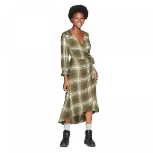 Universal Thread Women's Plaid 3/4 Sleeve V-Neck Wrap Midi Dress