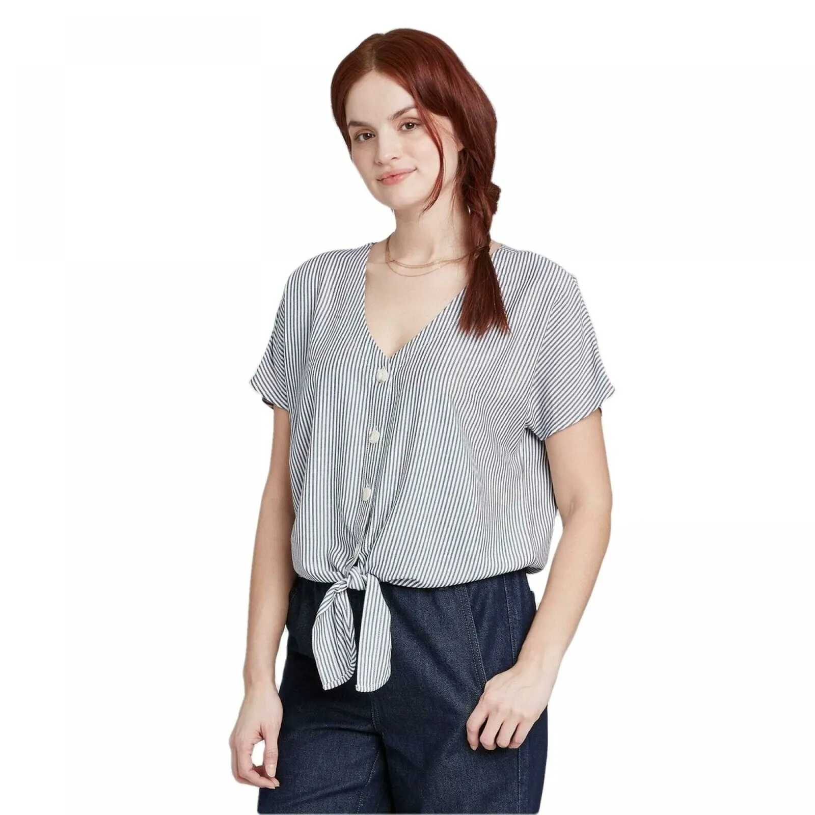 Universal Thread Women's Short Sleeve V-Neck Button-Down Relaxed Fit Shirt