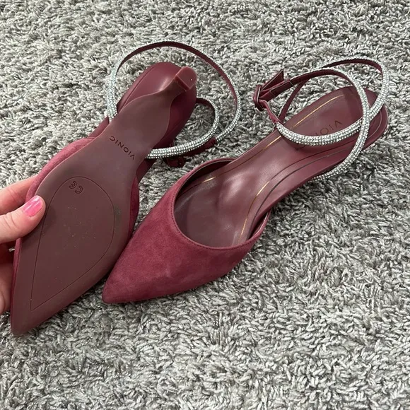 Vionic Primrose Jacynda Kitten Heels 6.5 Mauve Shiraz suede Pumps size 7 bling