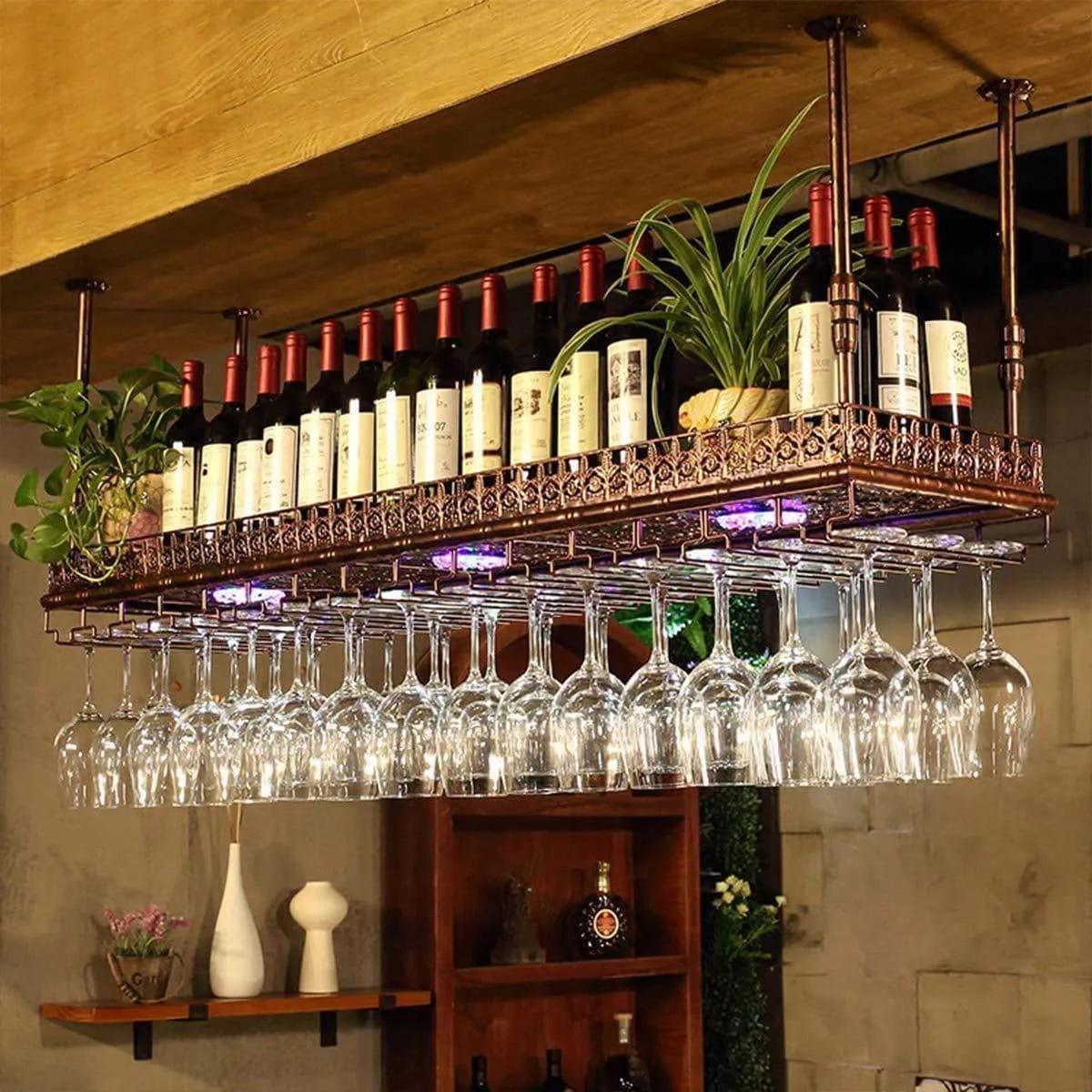 Warm Van Industrial Vintage Metal Bar Wine Glass Hanging Rack,Retro Upside Down Stemware Goblet Wine Glass Holder,Tableware Bottle Floating Shelf for Home Kitchen (Bronze, 47.2''L)