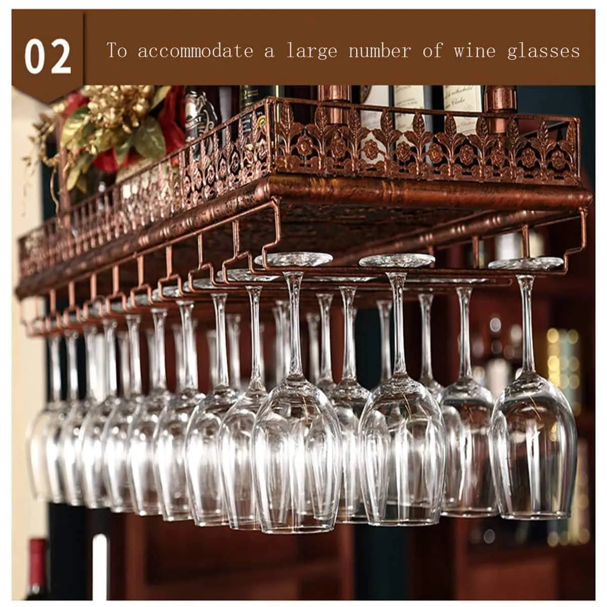 Warm Van Industrial Vintage Metal Bar Wine Glass Hanging Rack,Retro Upside Down Stemware Goblet Wine Glass Holder,Tableware Bottle Floating Shelf for Home Kitchen (Bronze, 47.2''L)