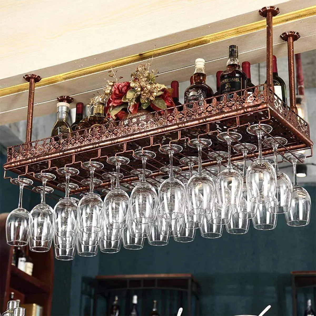 Warm Van Industrial Vintage Metal Bar Wine Glass Hanging Rack,Retro Upside Down Stemware Goblet Wine Glass Holder,Tableware Bottle Floating Shelf for Home Kitchen (Bronze, 47.2''L)