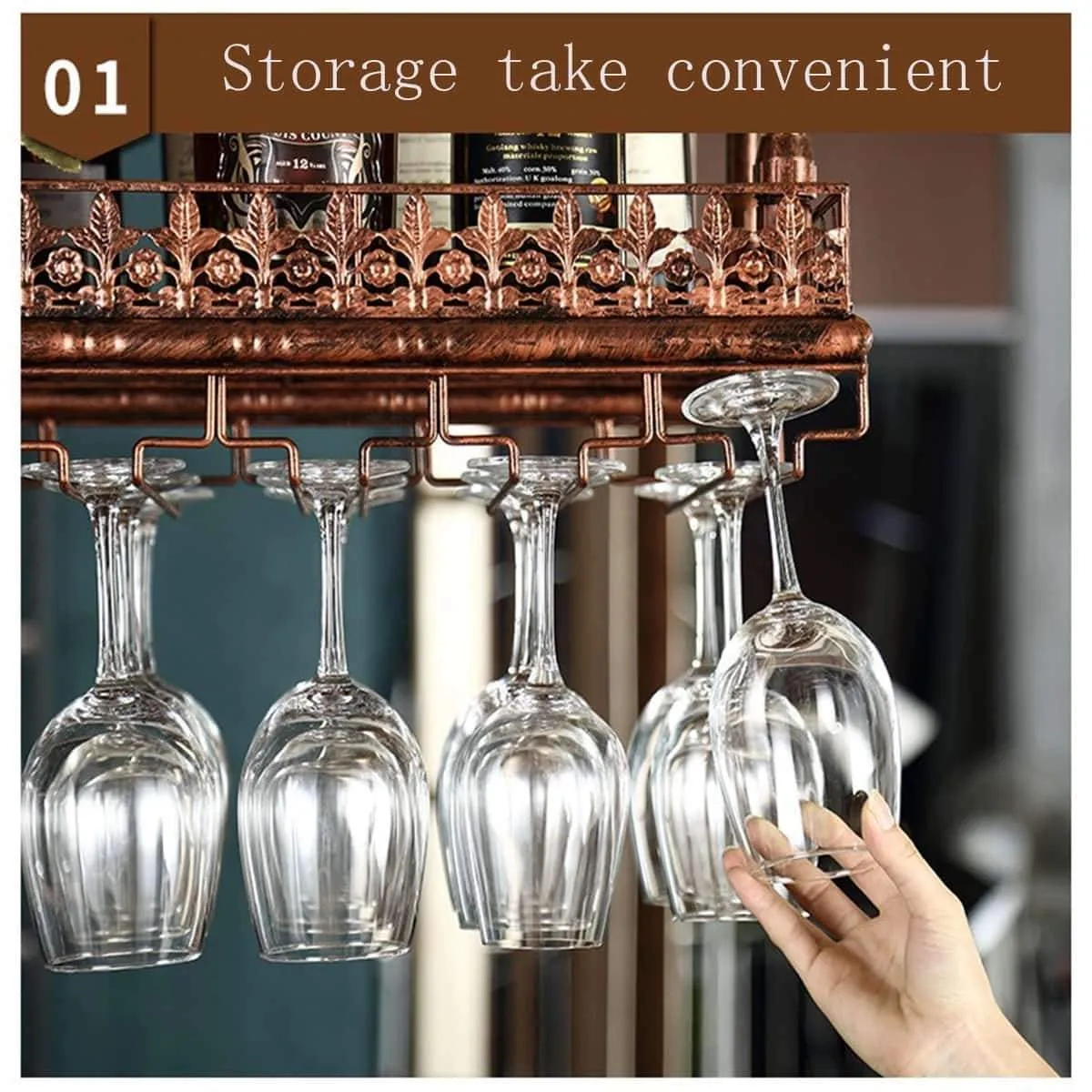 Warm Van Industrial Vintage Metal Bar Wine Glass Hanging Rack,Retro Upside Down Stemware Goblet Wine Glass Holder,Tableware Bottle Floating Shelf for Home Kitchen (Bronze, 47.2''L)