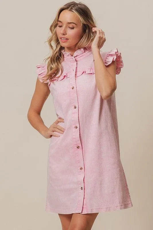 Washed Button Down Ruffled Cap Sleeve Denim Dress