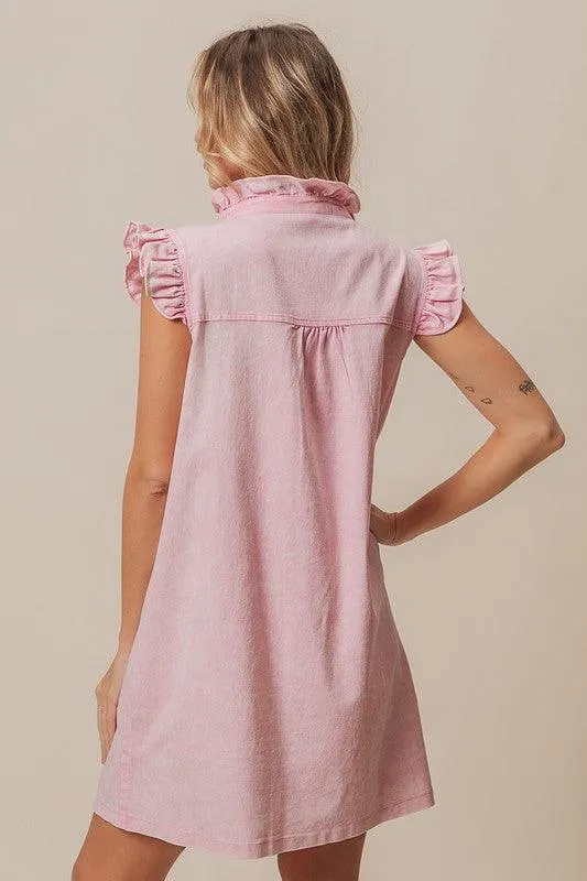 Washed Button Down Ruffled Cap Sleeve Denim Dress