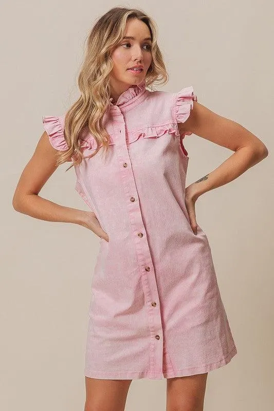 Washed Button Down Ruffled Cap Sleeve Denim Dress