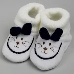White and Navy Booties - with embroidered bunny - Newborn to 6 months