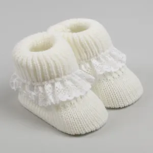 White Baby knitted Booties with lace Newborn to 6 months